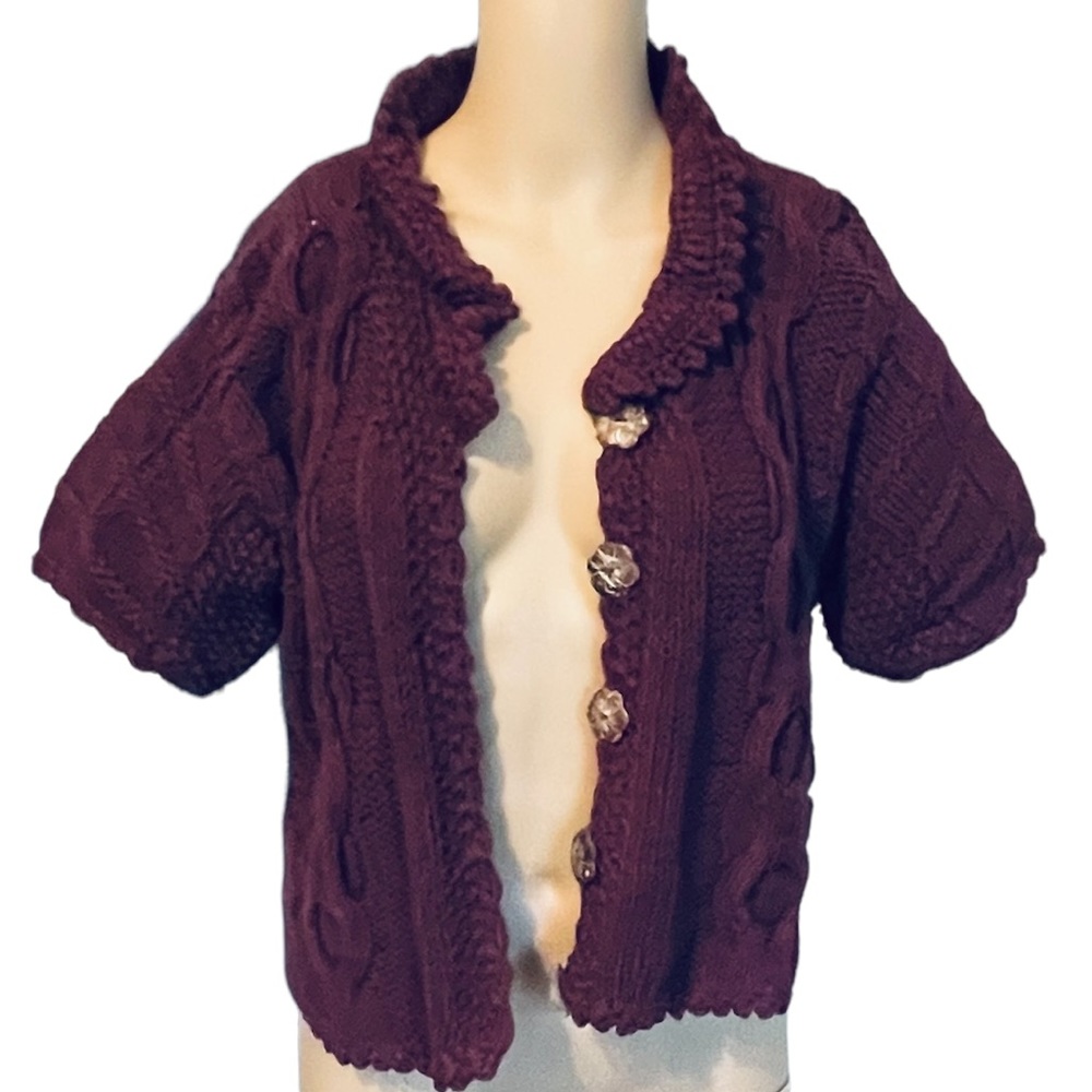 Vintage Plum Cotton Eastwind Hand Knit Cardigan Cable Knit Sweater Short Sleeve